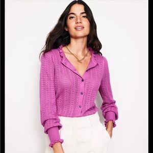 Boden Tia Pointelle Ruffle Frilled Cardigan Sweater Pink coquette Cottagecore